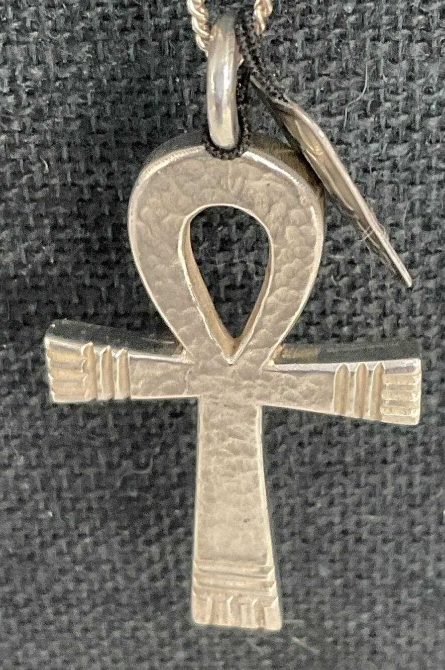 RARE JAMES AVERY STERLING SILVER HAMMERED ANKH & CHAIN BAG & BOX
